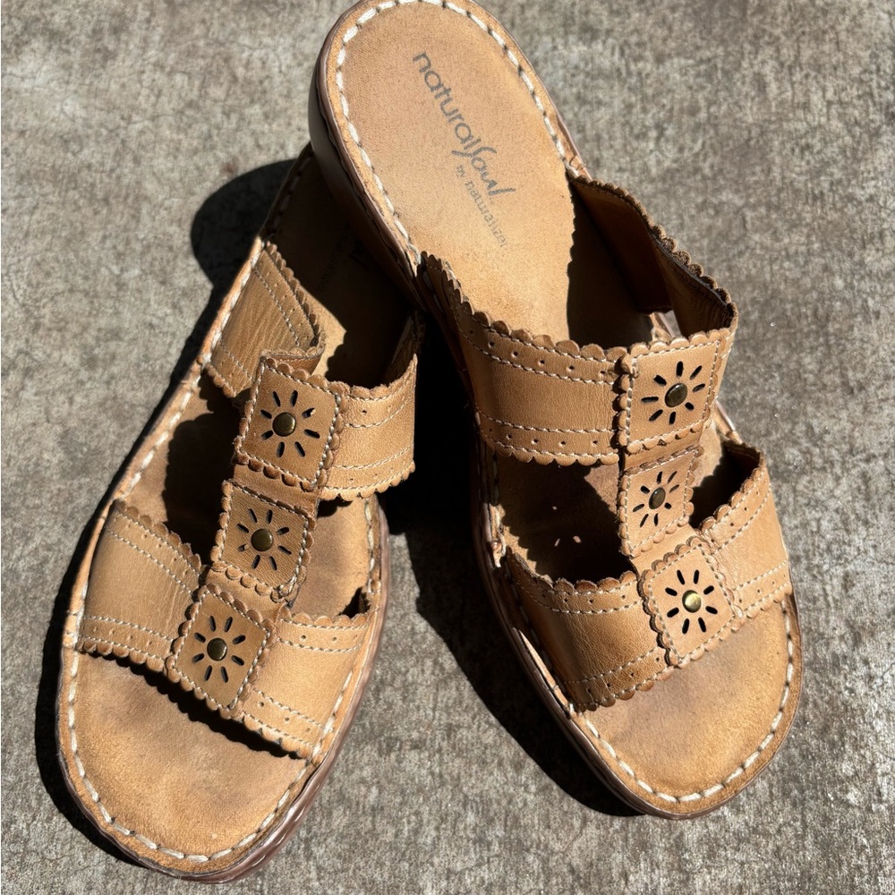 Natural Soul by Naturalizer Women Sz 7 Sandals Calico Taupe Tan Leather Slides